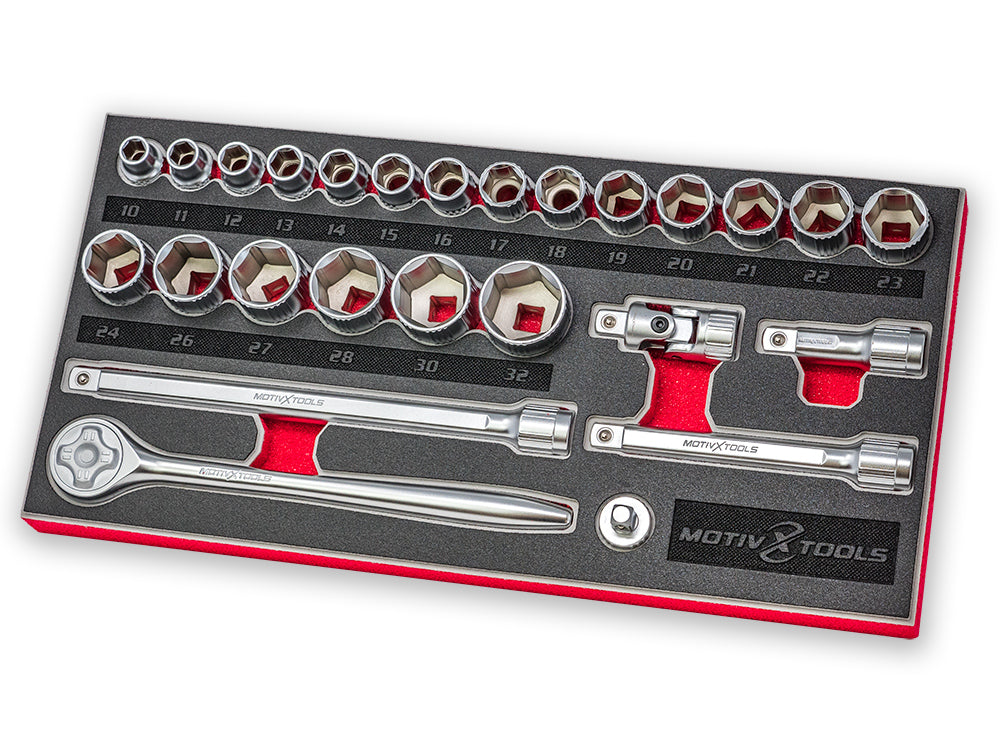 Pgroup 12 PCS 1/2" Drive Metric Socket Set - Reversible Ratchet, Sockets 10-24mm, 5" Extension, CR-V Steel